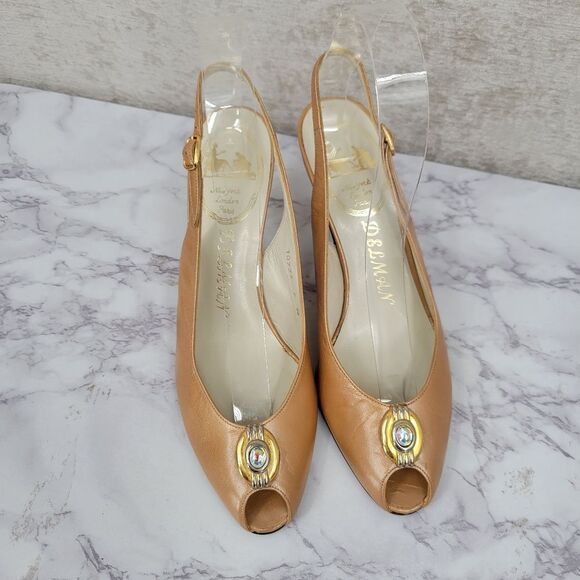 Delman Vintage Tan Leather Peep Toe Slingbacks Kitten Heels Pumps Jeweled  7N - Picture 5 of 15